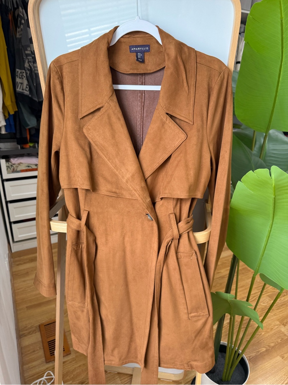 Amaryllis Suede-Look Caramel Trench Coat with Belt